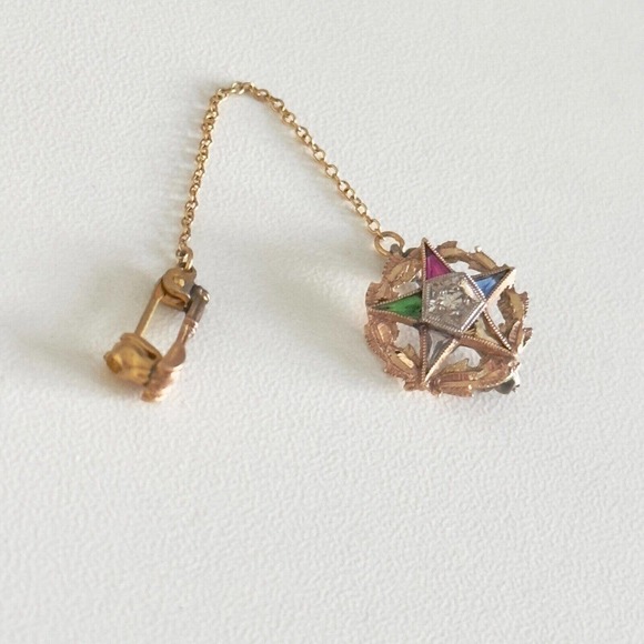Vintage 10K Yellow Gold Eastern Star Masonic Diamond Multi-Gemstone Pin - Picture 2 of 10